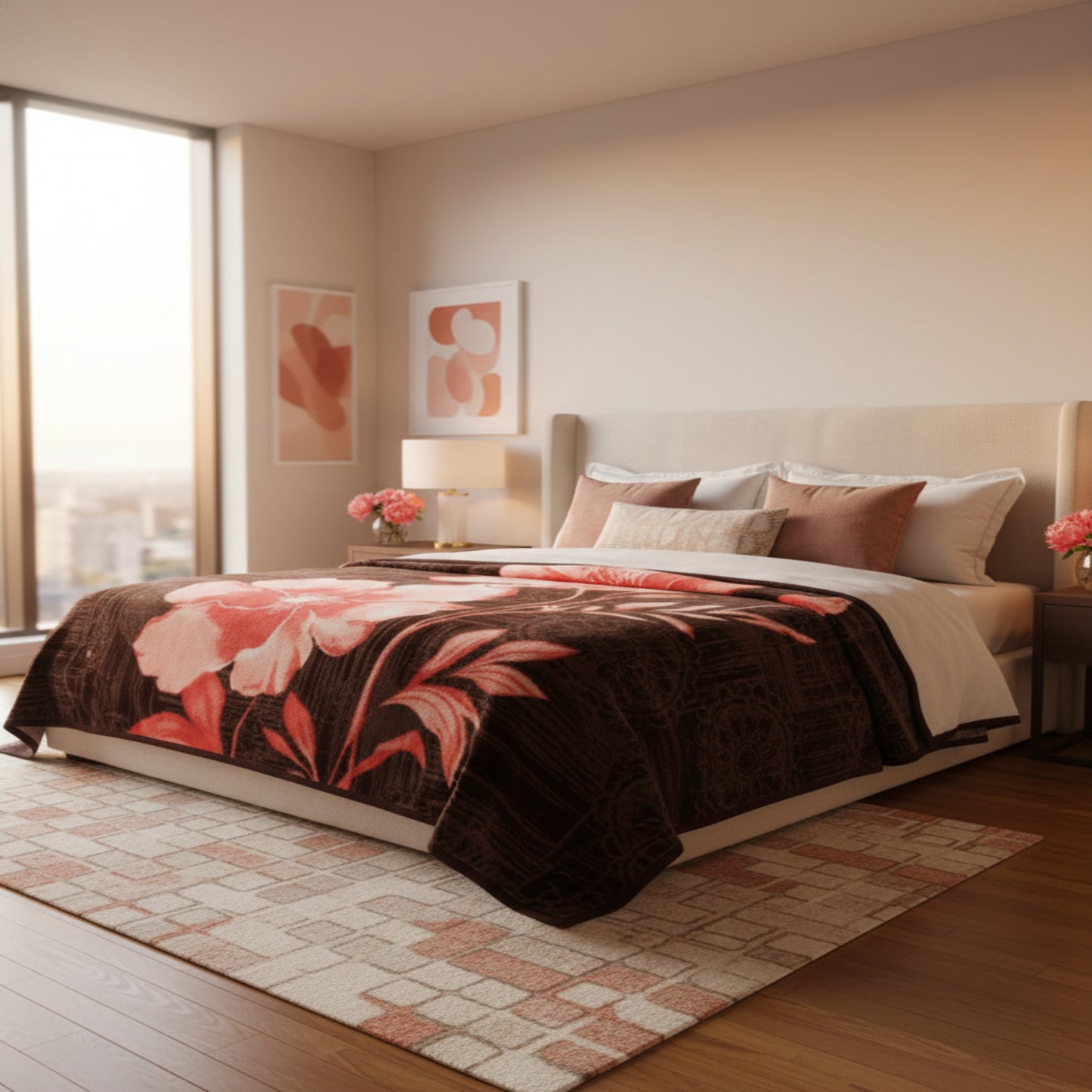 Soft Two Ply Single Bed Blanket with Red Floral Design