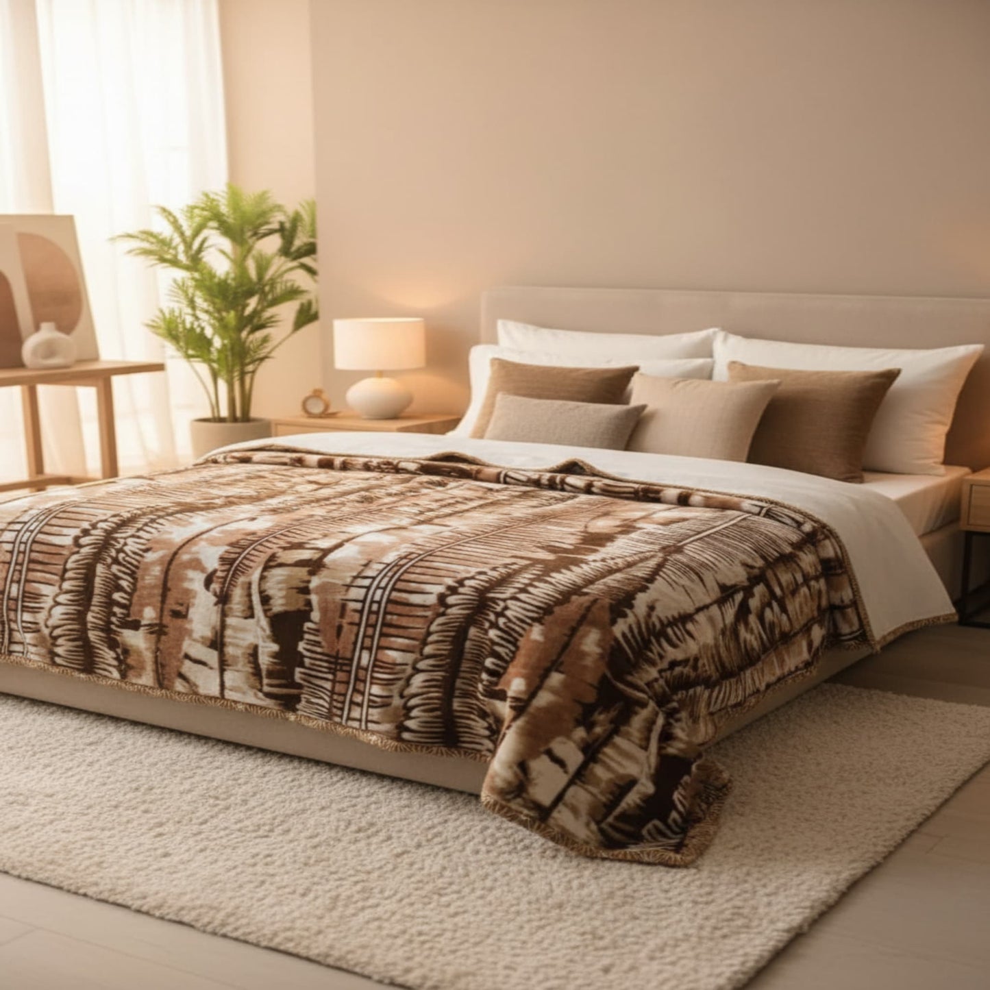 Coffee Soft Two Ply Double Bed Blanket with Geometric Design