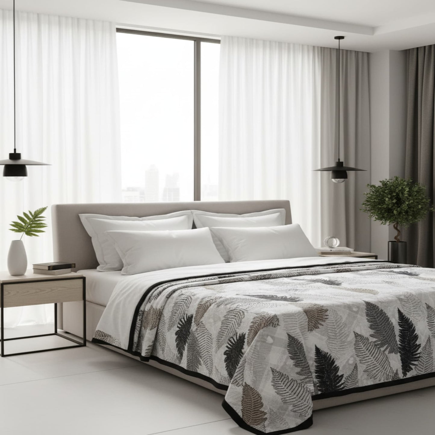 Light Grey Super Soft Top Class Single Bed Blanket with leafy Design
