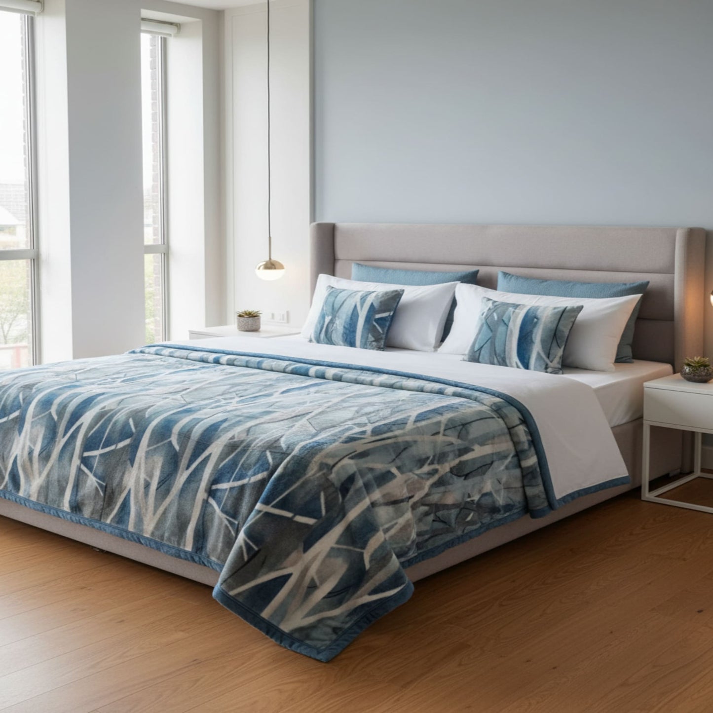 Light Blue Super Soft Top Class Double Bed Blanket with Geometric Design