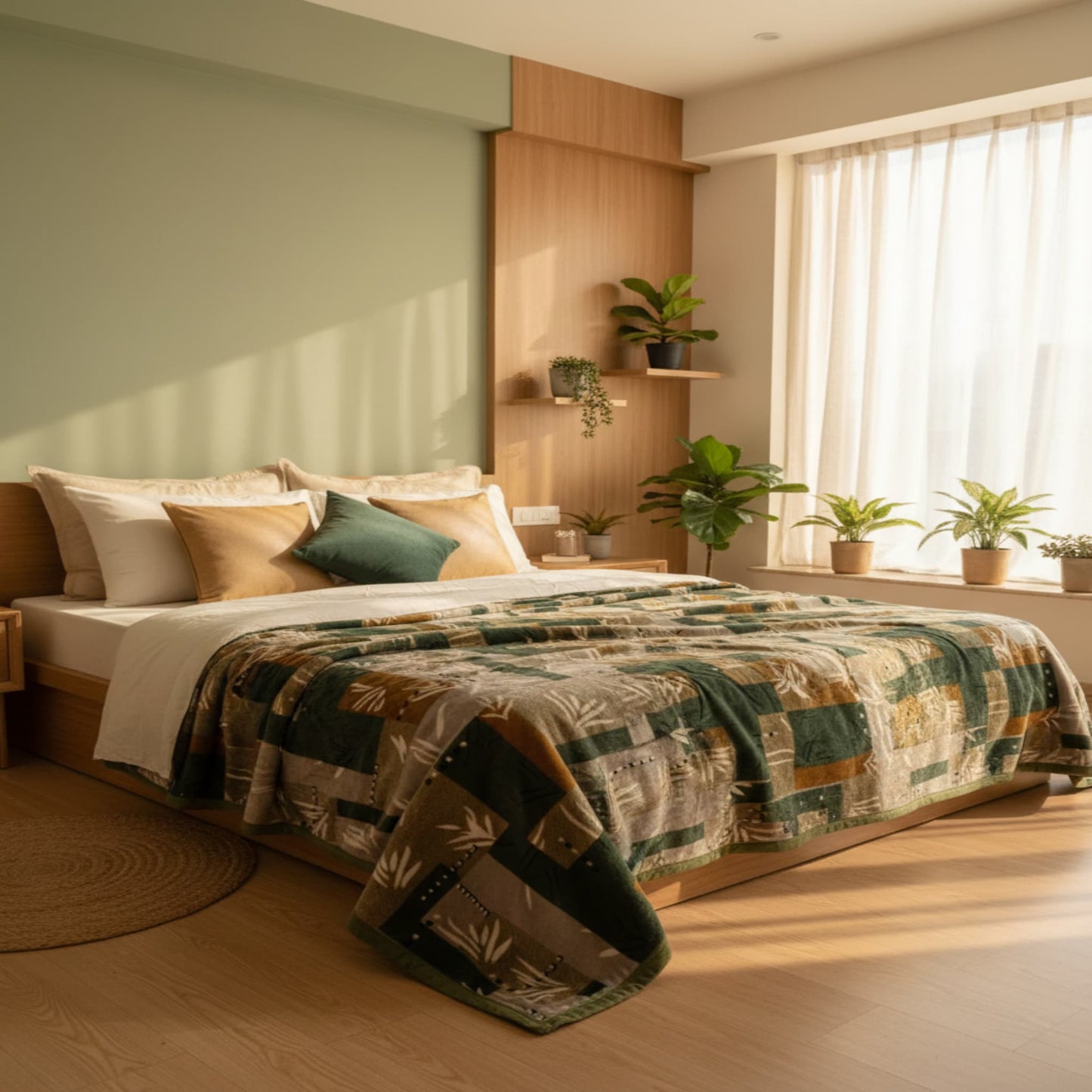 Green Super Soft Top Class Single Bed Blanket with Geometric Design