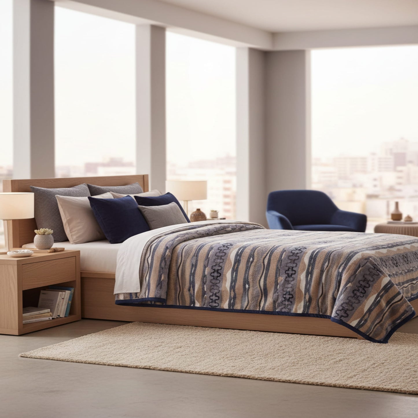 Blue Super Soft Top Class Single Bed Blanket with Geometric Design