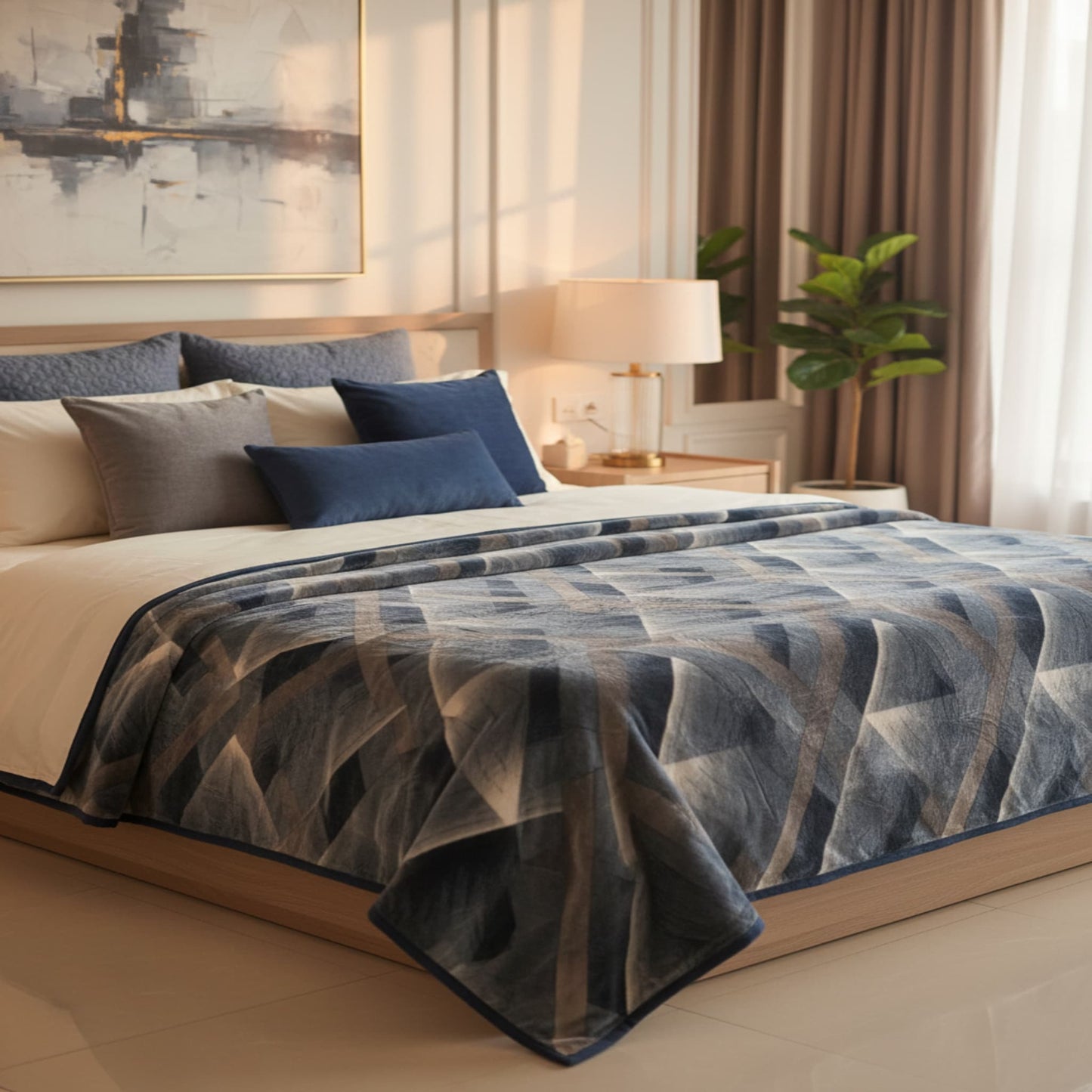 Blue Super Soft Top Class Double Bed Blanket with Geometric Stripe Design