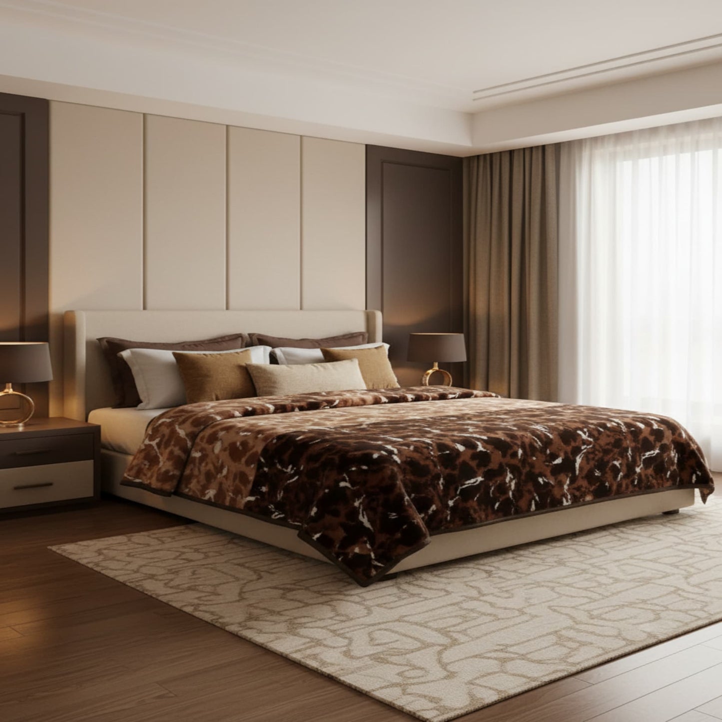 Coffee Soft Two Ply Mink Double Bed Blanket with geometric pattern