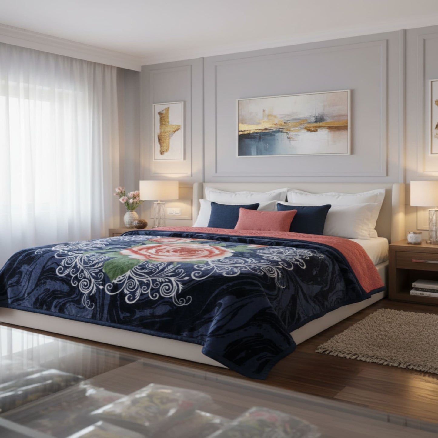 Blue Soft Two Ply Mink Double Bed Blanket with Red Floral Design