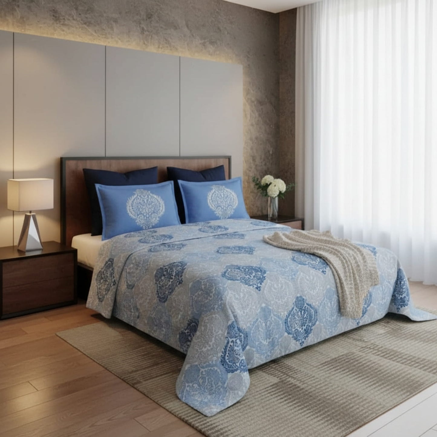 Blue Geometric Cotton Single Bedsheet With Pillow Covers