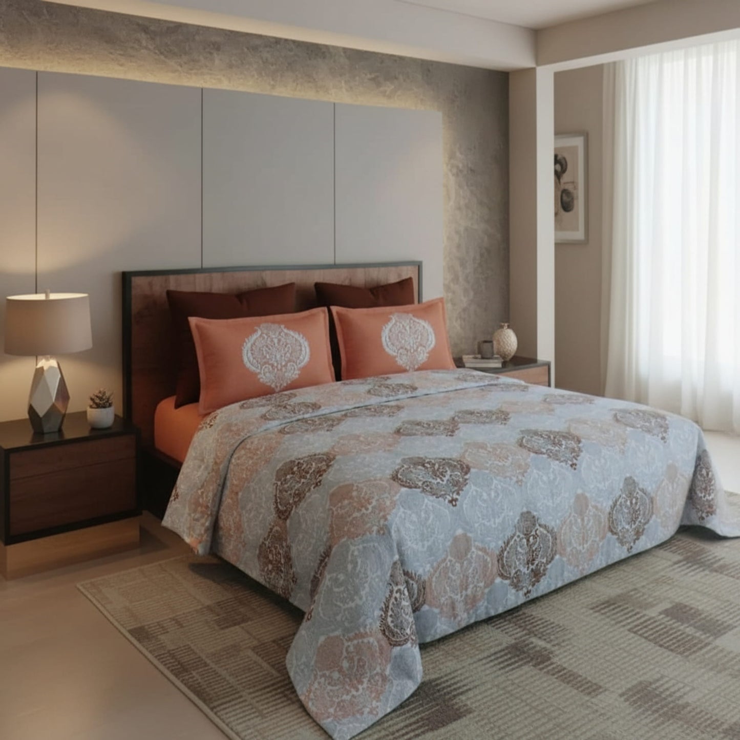 Grey Geometric Cotton Single Bedsheet With Pillow Covers