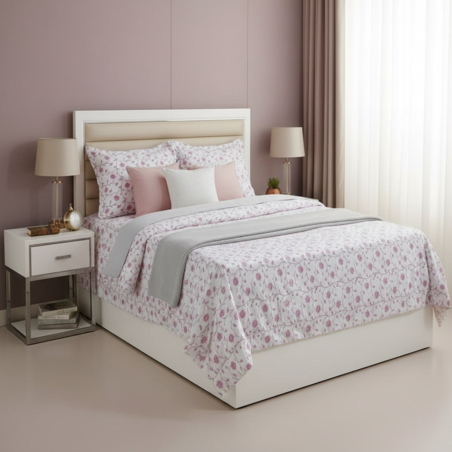 White Geometric Cotton Single Bedsheet With Pillow Covers