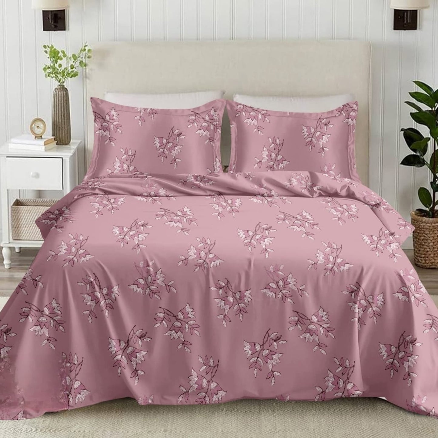 Pink Leafy 210TC Cotton Double Bed King Size Bed sheet With Pillow Covers