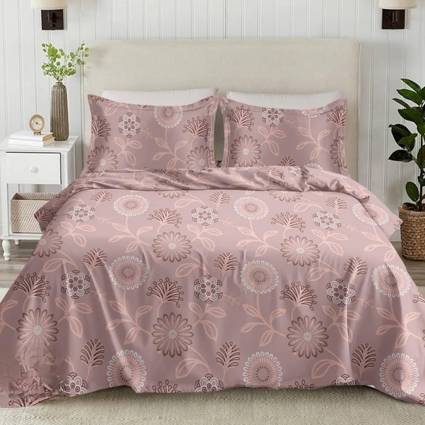 Pink Floral 210TC Cotton Double Bed King Size Bedsheet With Pillow Covers