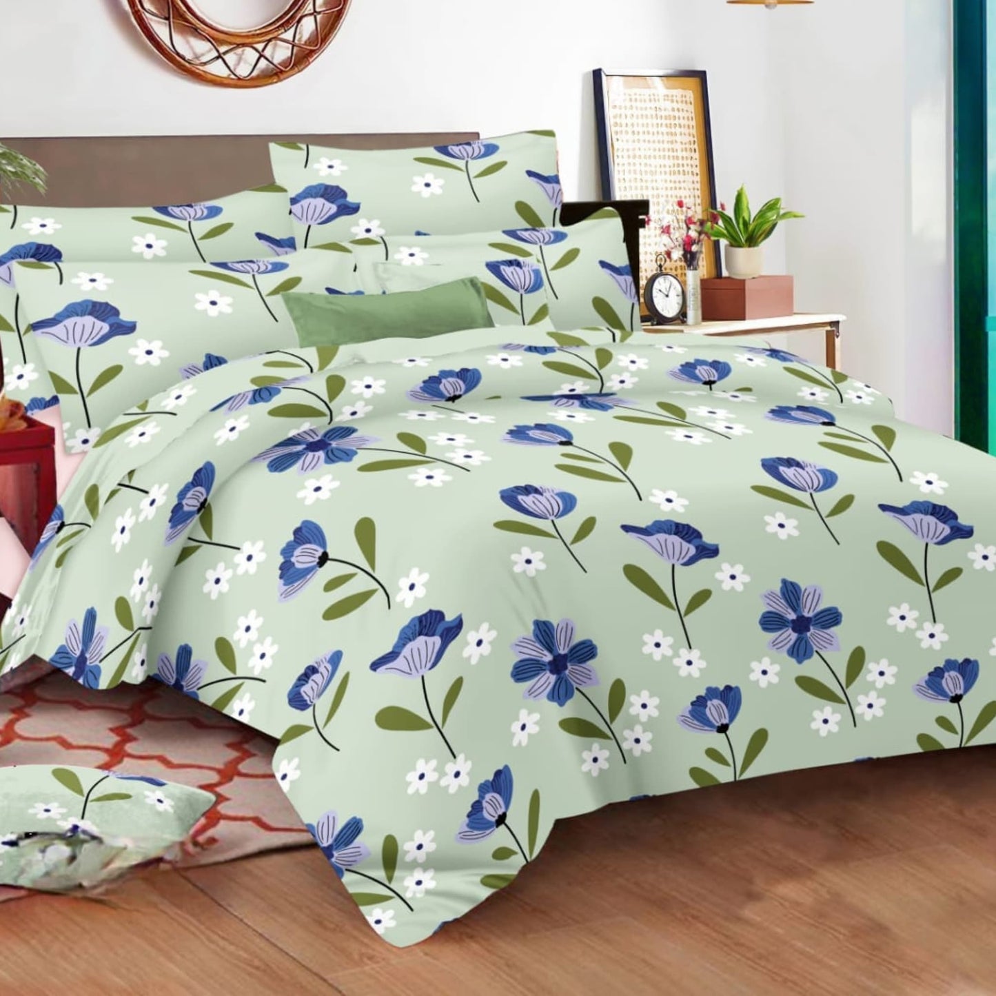 Green Floral 150TC Cotton Double Bedsheet With Pillow Covers
