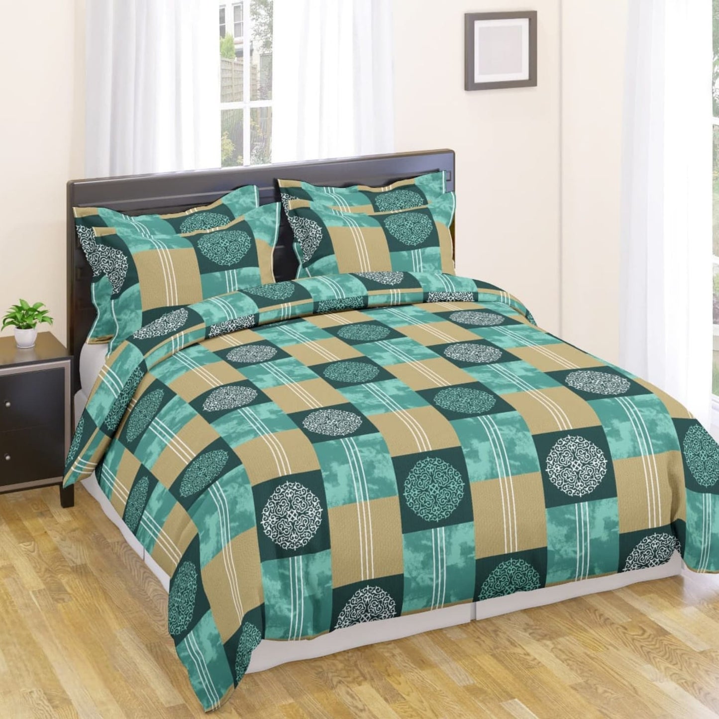 Green Checks 150TC Cotton Double Bedsheet With Pillow Covers