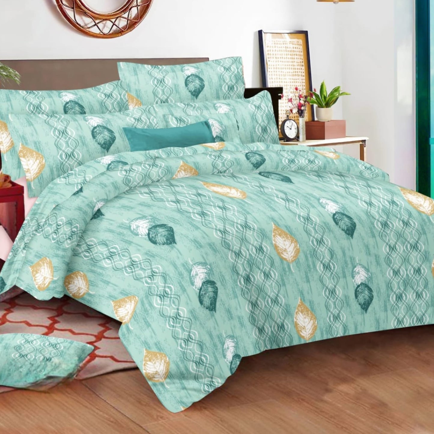Green Geometric 150TC Cotton Double Bedsheet With Pillow Covers