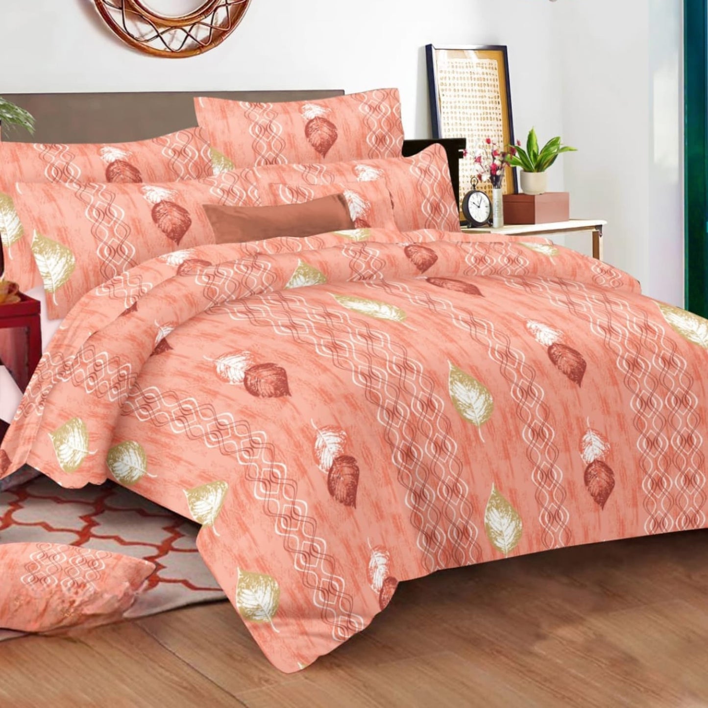 Orange Geometric 150TC Cotton Double Bedsheet With Pillow Covers