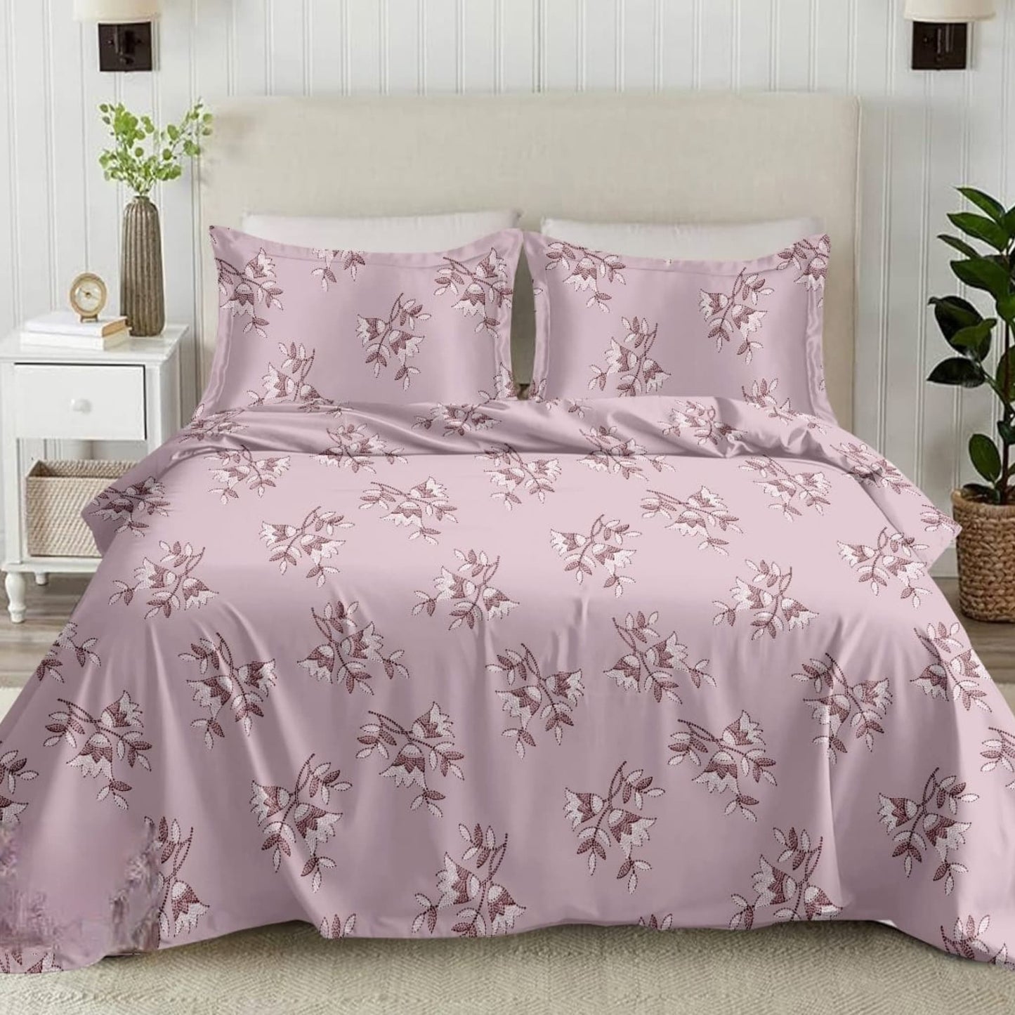 Pink Floral Pattern 210TC Cotton Double Bed King Size Bed sheet With Two Pillow Covers