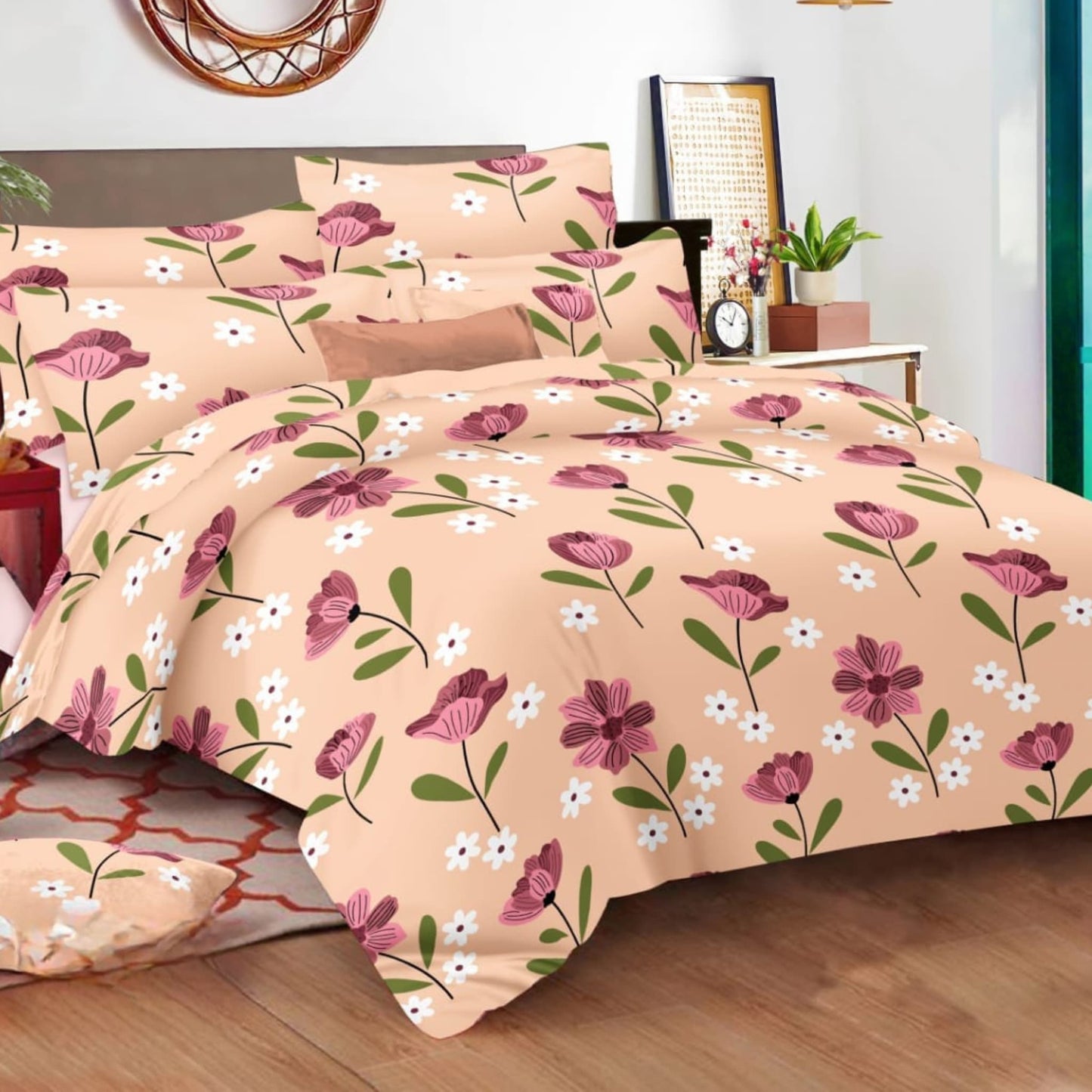 Peach Floral 150TC Cotton Double Bedsheet With Pillow Covers
