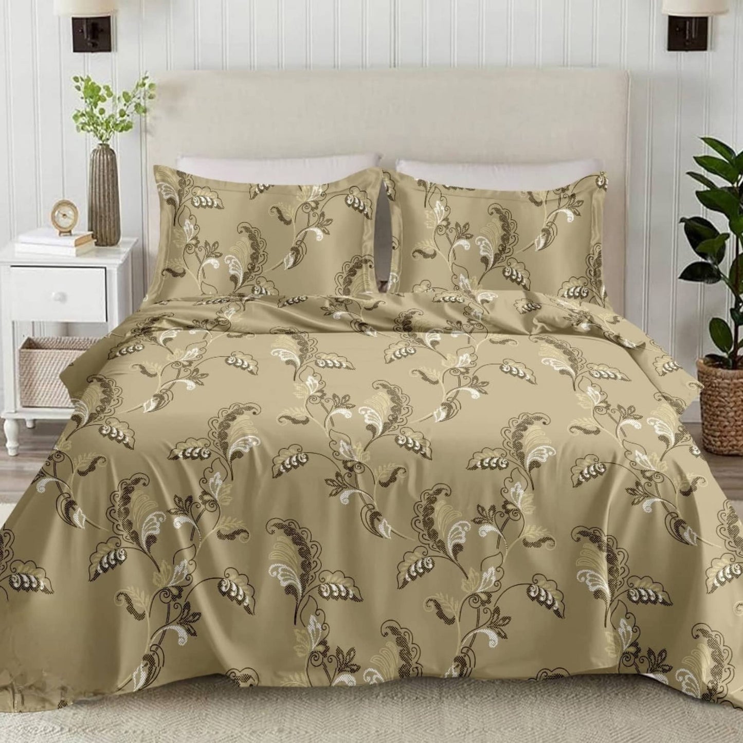 Beige Floral 210TC Cotton Double Bed King Size Bed sheet With Pillow Covers