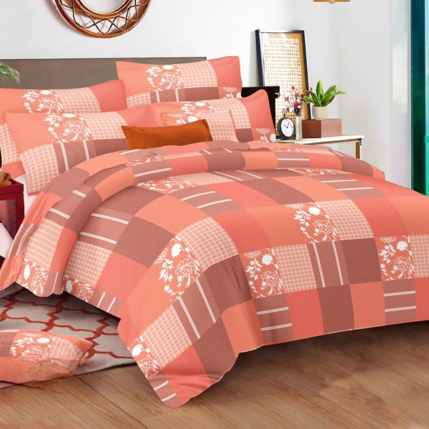 Orange Geometric 150TC Cotton Double Bedsheet With Pillow Covers