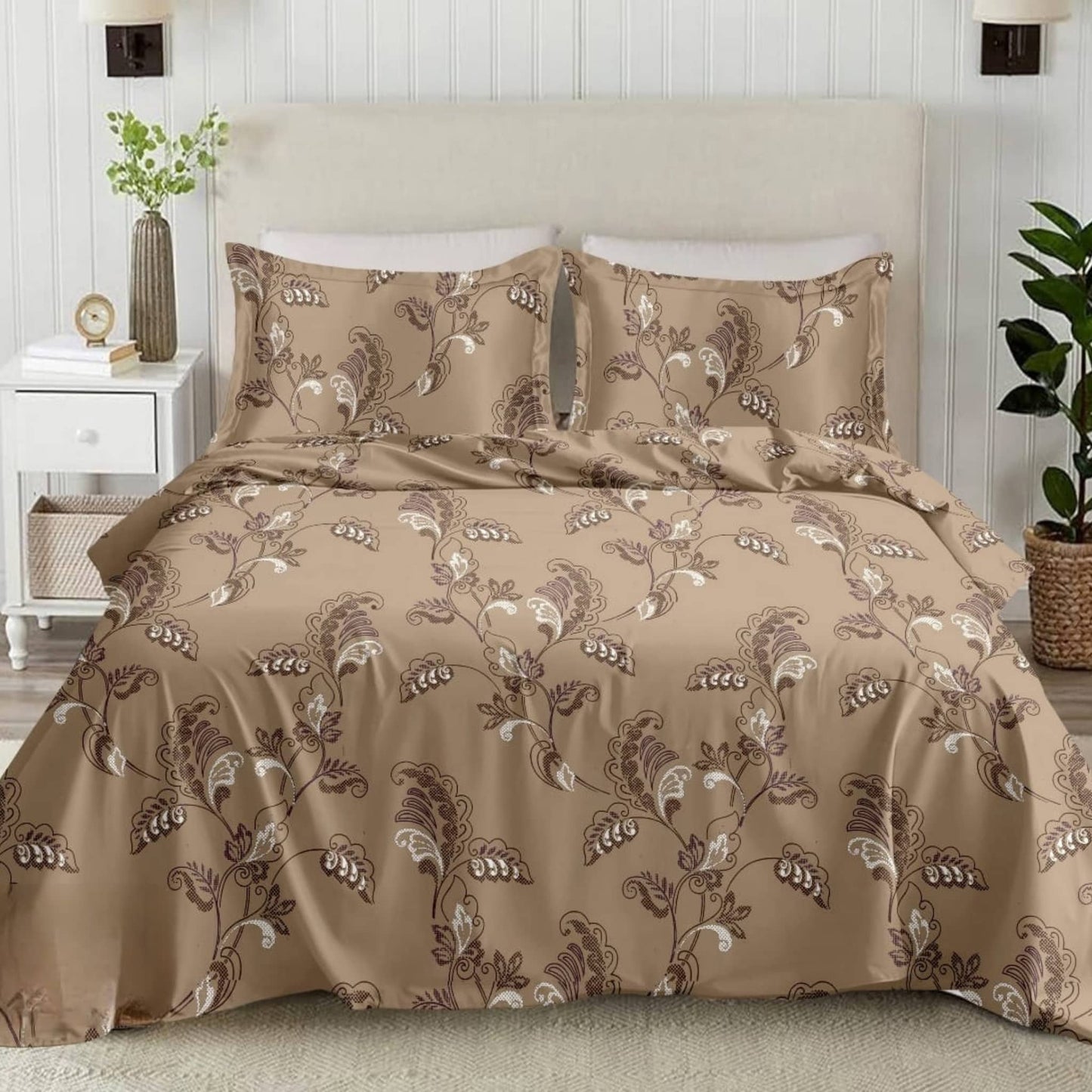 Brown Floral 210TC Cotton Double Bed King Size Bed sheet With Pillow Covers