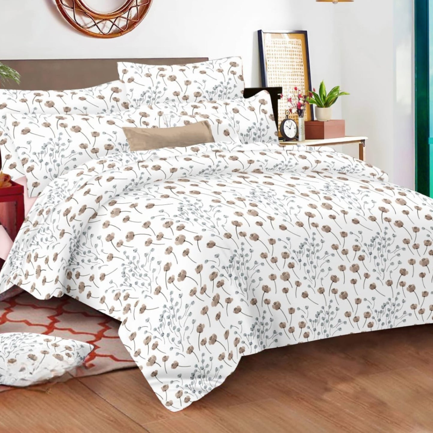 White Floral 150TC Cotton Double Bedsheet With Pillow Covers