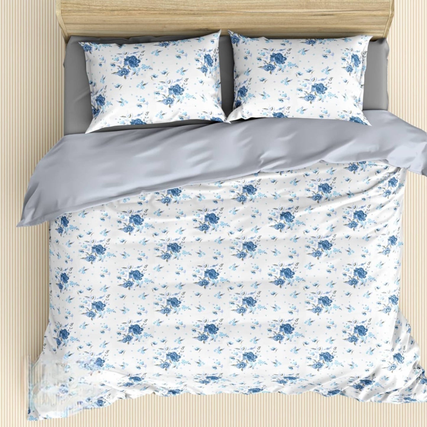 White Blue Floral 180TC Cotton Super King Size Bed Sheets With Pillow Covers