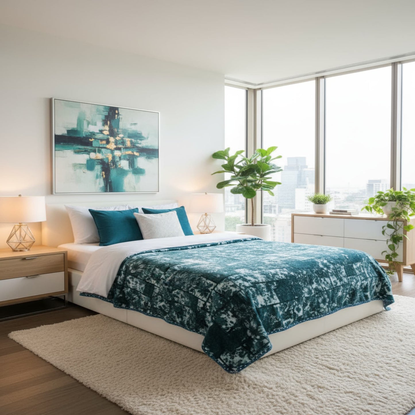 Blue Soft Two Ply  Mink Double Bed Blanket with Geometric Design