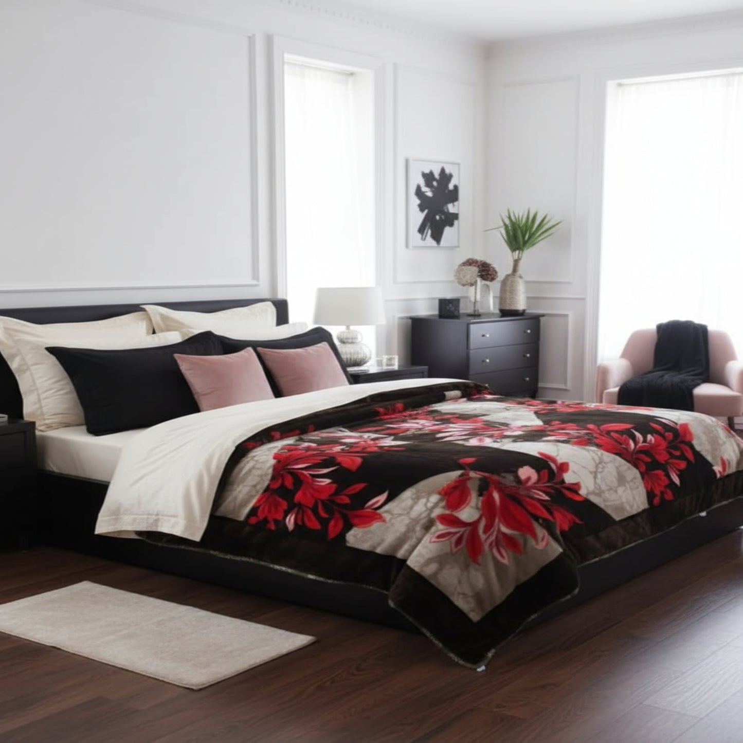 Soft Two Ply Single Bed Blanket with Red Floral Design