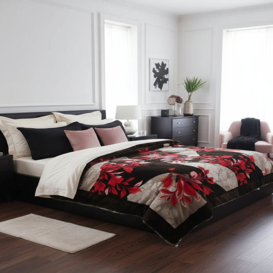 Soft Two Ply Single Bed Blanket with Red Floral Design