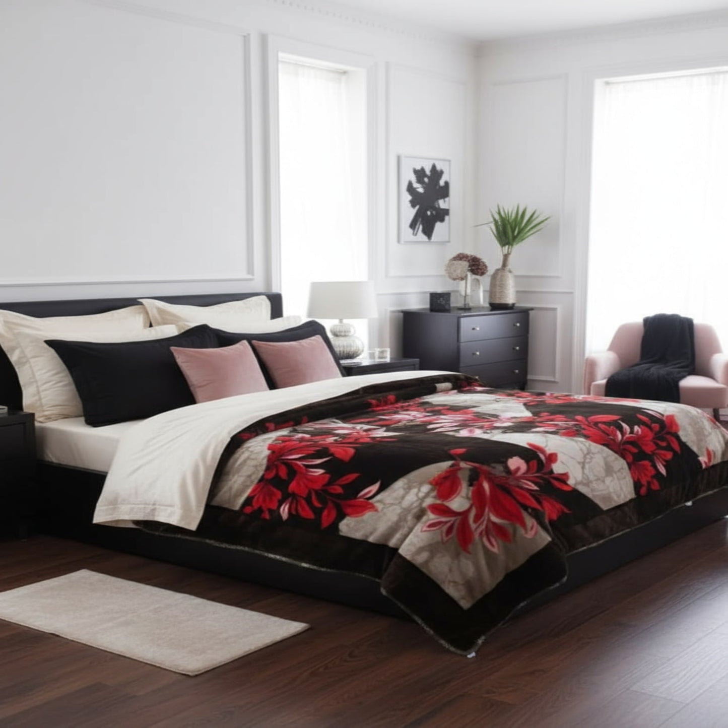 Coffee Super Soft Two Ply Mink Single Bed Blanket with Red Floral Design