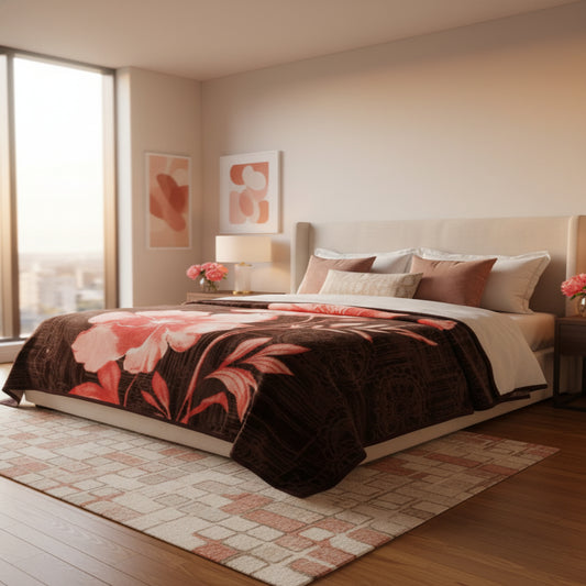 Soft Two Ply Single Bed Blanket with Red Floral Design