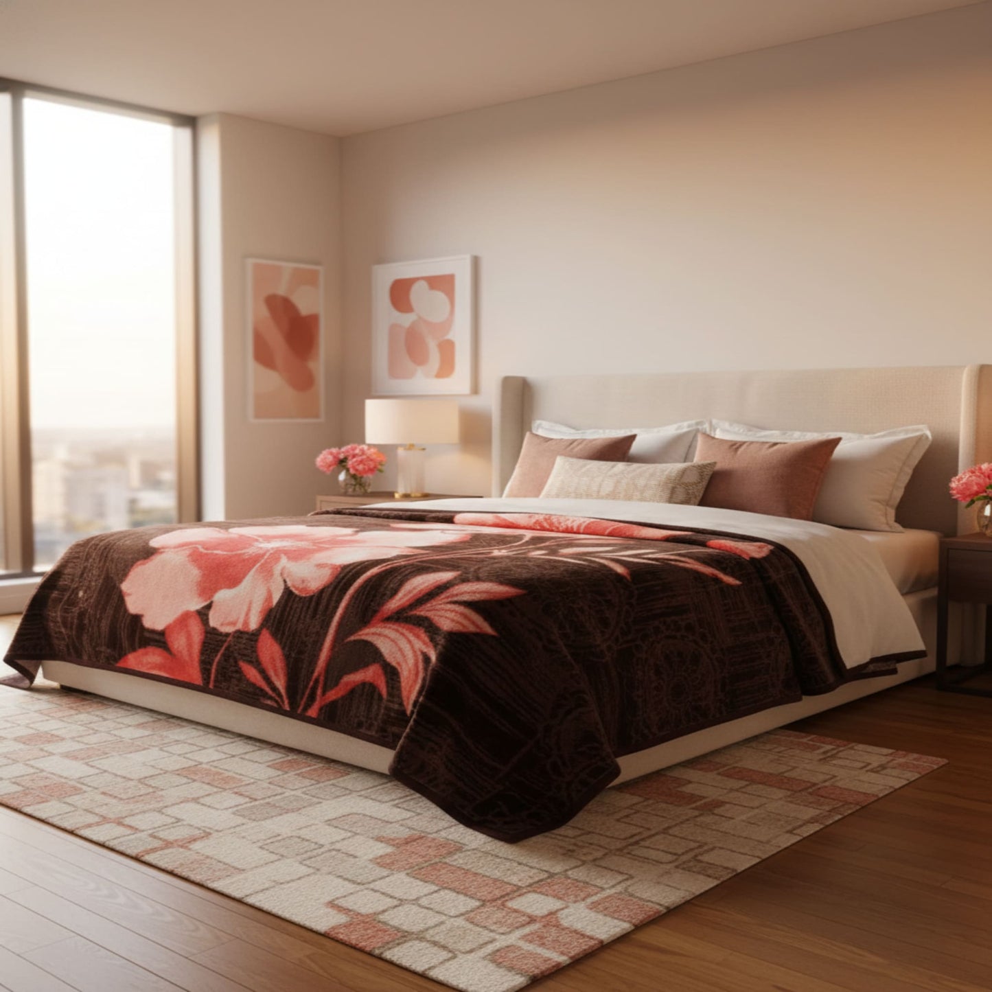 Coffee Soft Two Ply Mink Single Bed Blanket with Floral Design