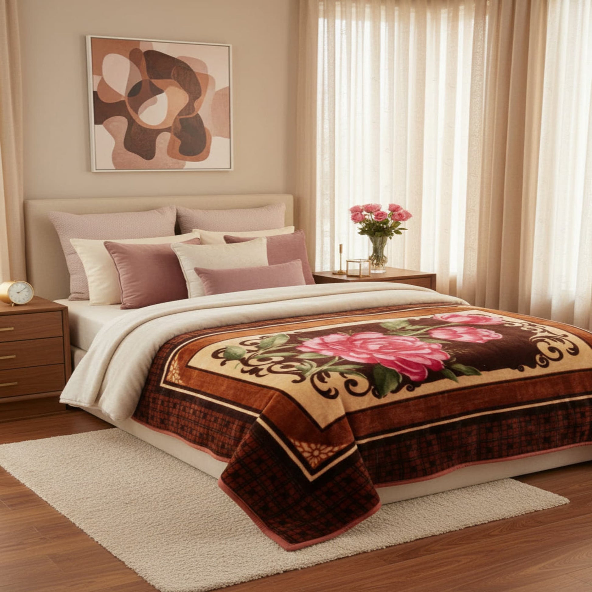 Coffee Soft Two Ply Mink Single Bed Blanket with Red Floral Design