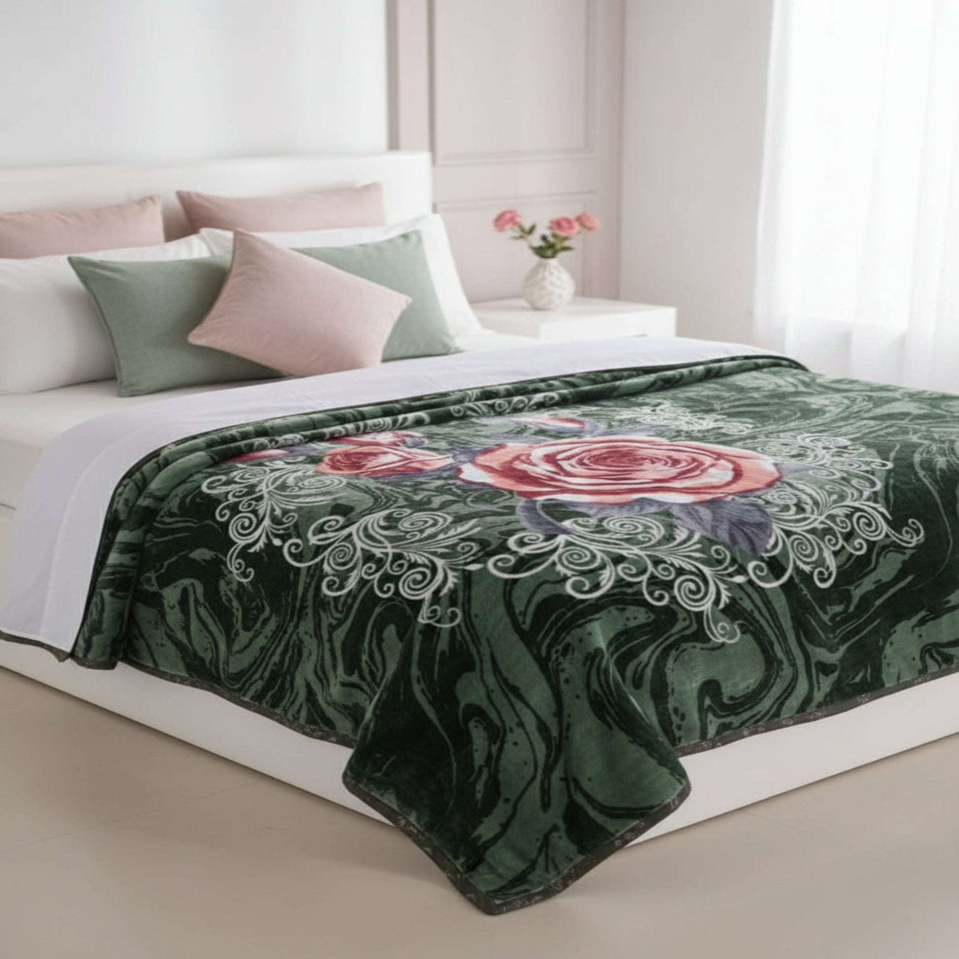 Soft Two Ply Double Bed Blanket with Red Floral Design