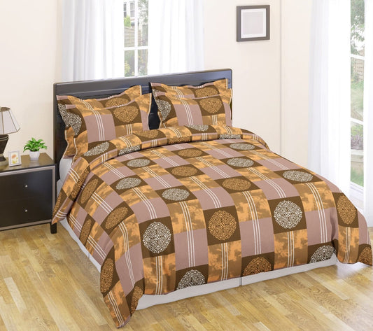 Brown Beige Geometric Pattern 150 TC Cotton Double Bedsheet With Two Pillow Covers