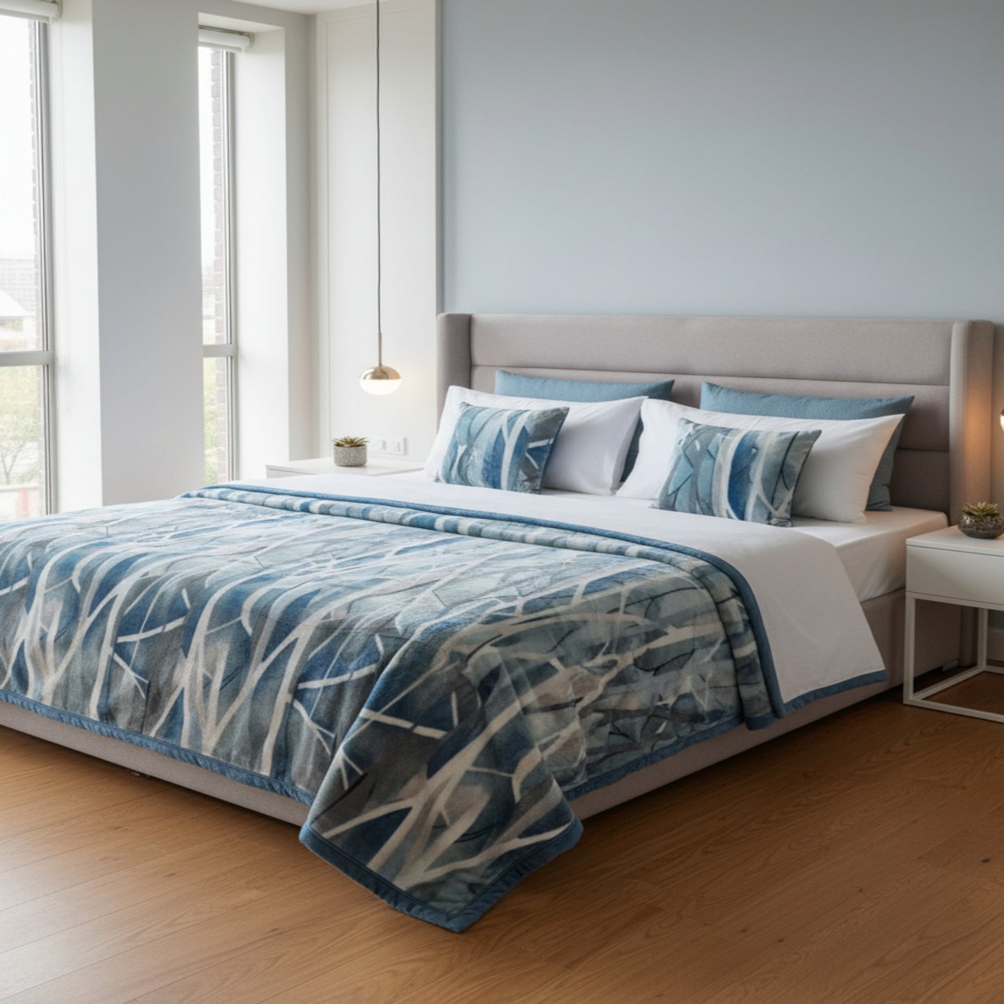 Super Soft  Top Class Light Blue  Double Bed Blanket with Geometric Design