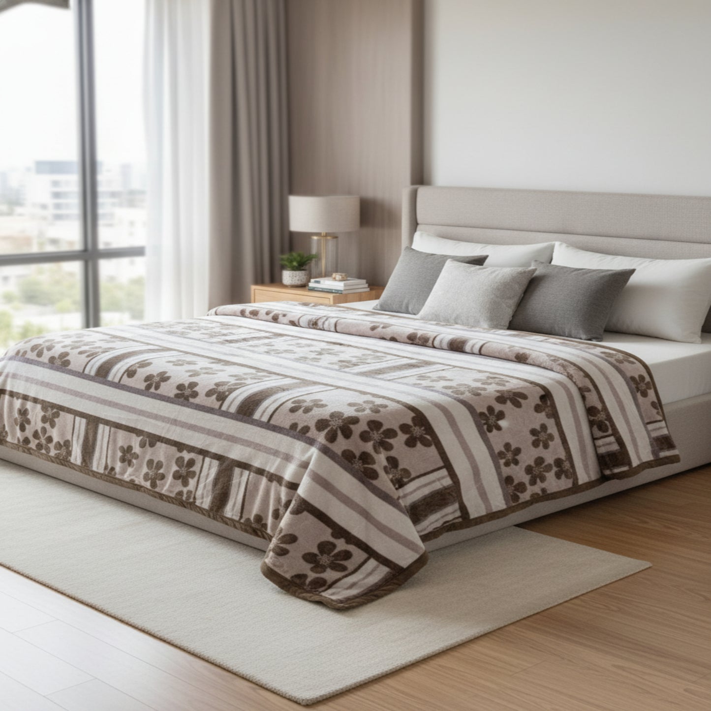 Super Soft Top Class Light Cream Double Bed Blanket with Floral Design