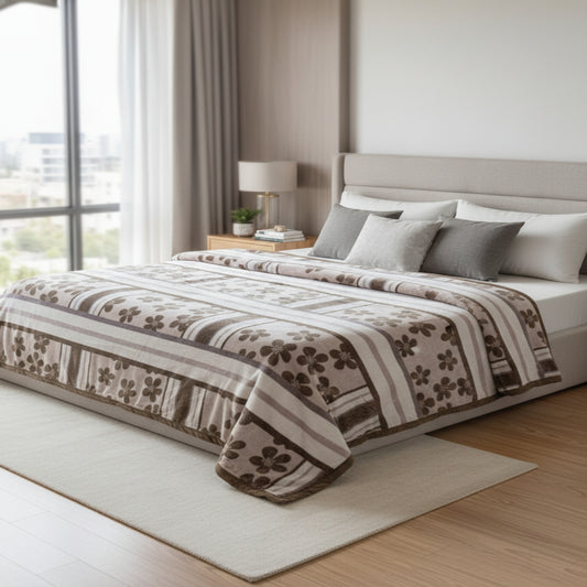 Super Soft Top Class Light Cream Double Bed Blanket with Floral Design