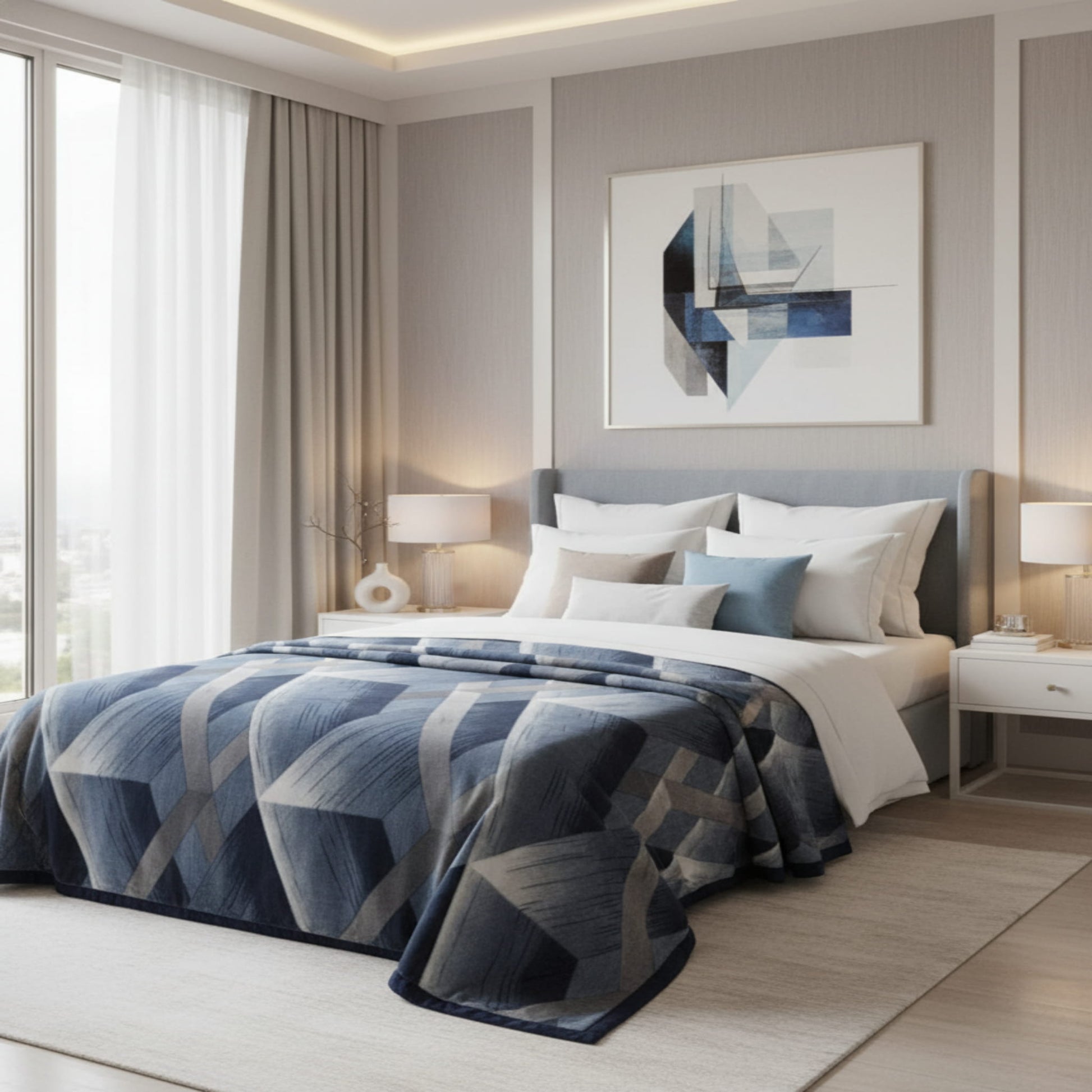 Blue Super Soft  Single Bed Blanket with Geometric Stripe Design