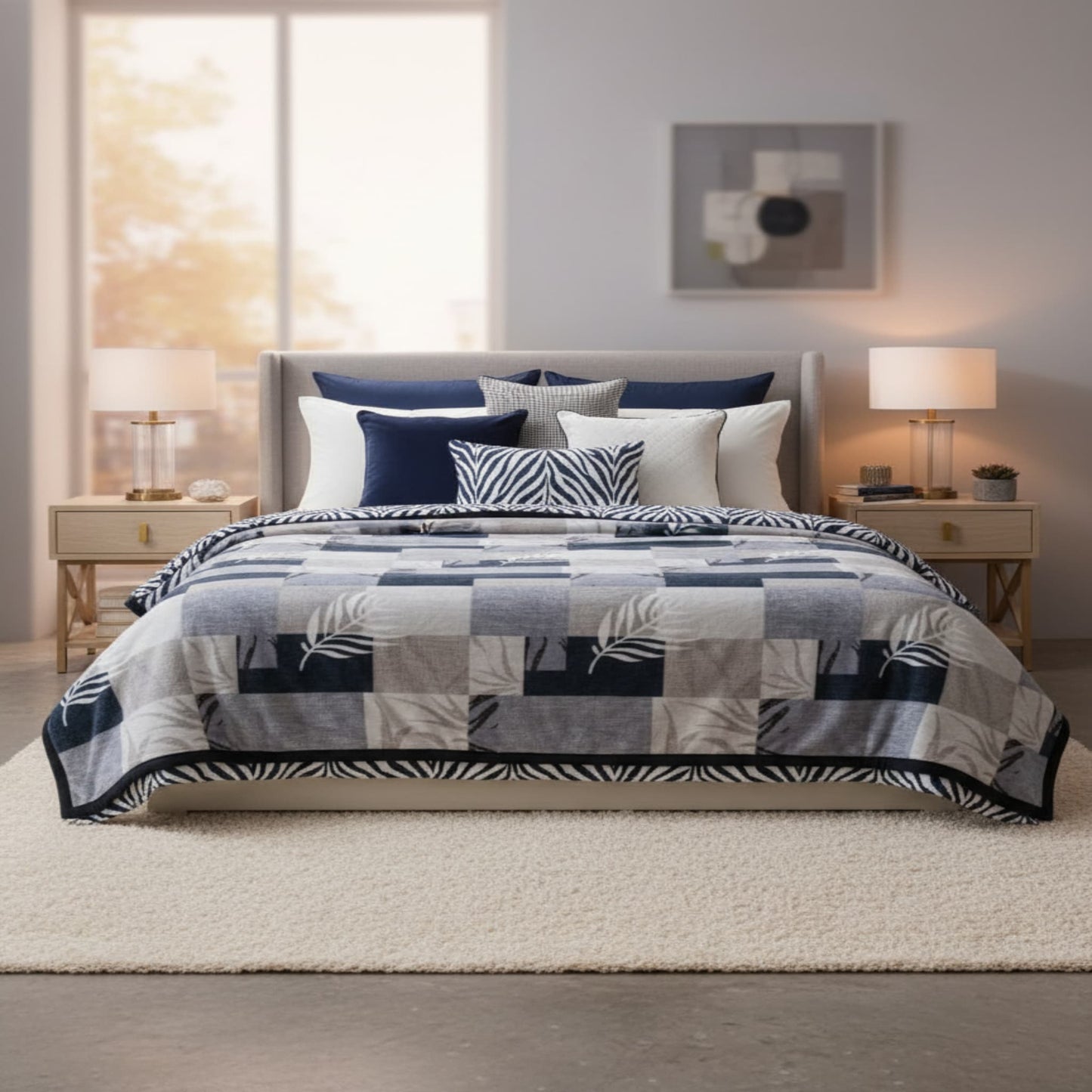 Blue Super Soft Top Class Single Bed Blanket with Geometric Checks Design