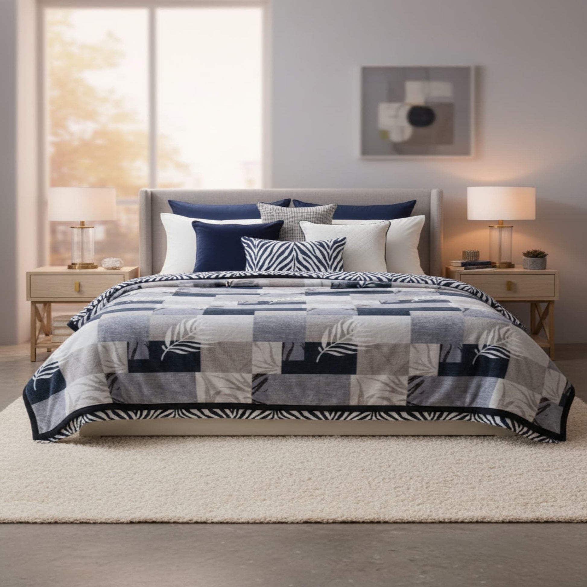 Blue Super Soft Top Class Single Bed Blanket with Geometric Checks Design