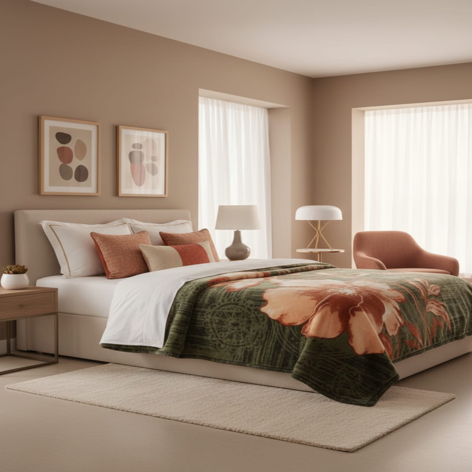 Green Soft Two Ply Mink Single Bed Blanket with Floral Design