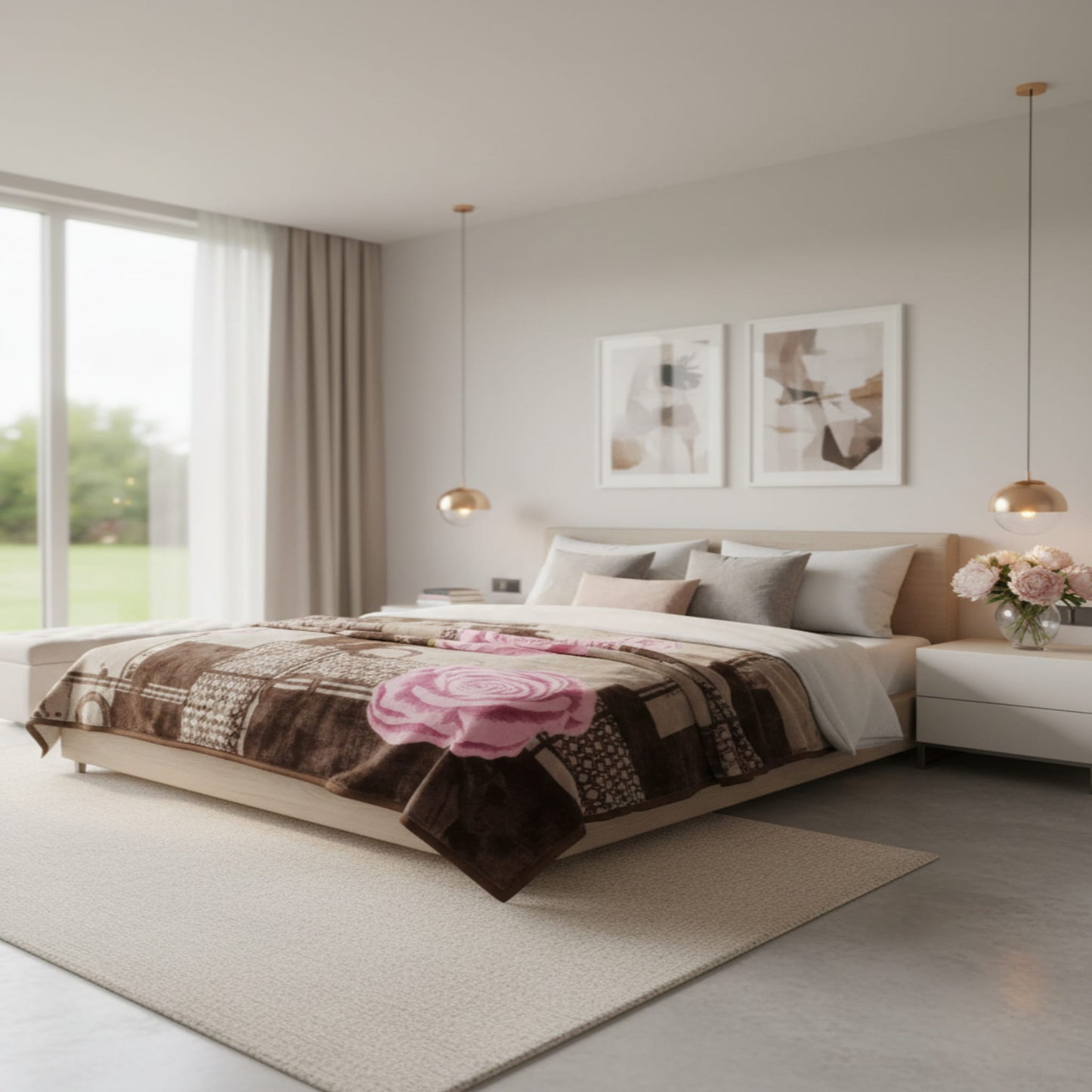 Coffee Soft Two Ply Mink Single Bed Blanket with Floral Design