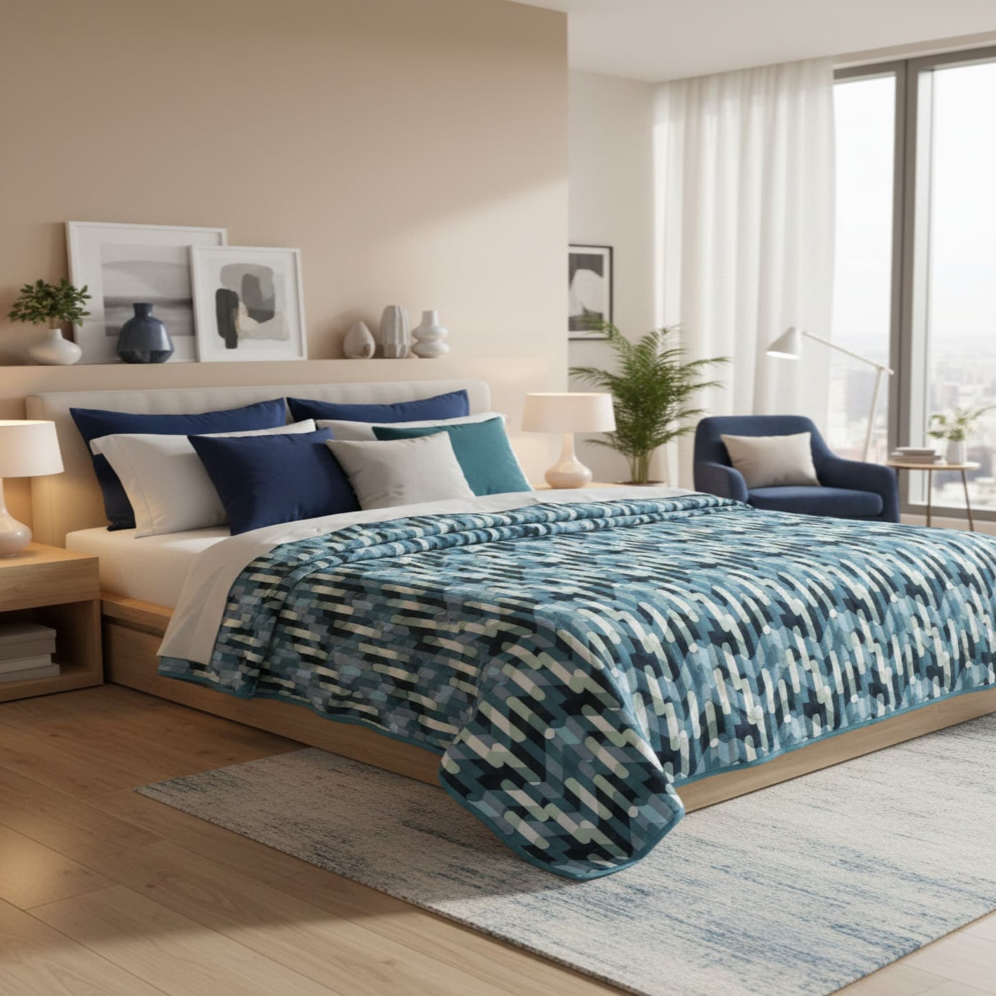 Blue Super Soft Top Class Double Bed Blanket with Geometric Design