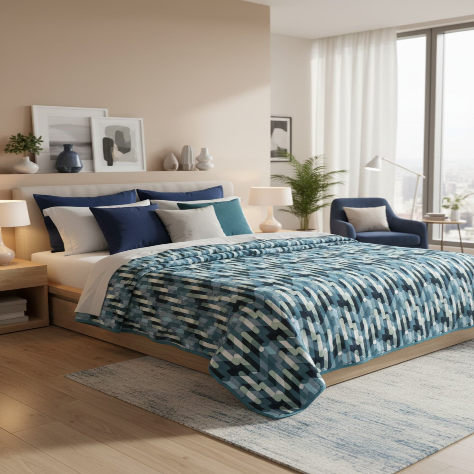 Blue Super Soft Top Class Double Bed Blanket with Geometric Design
