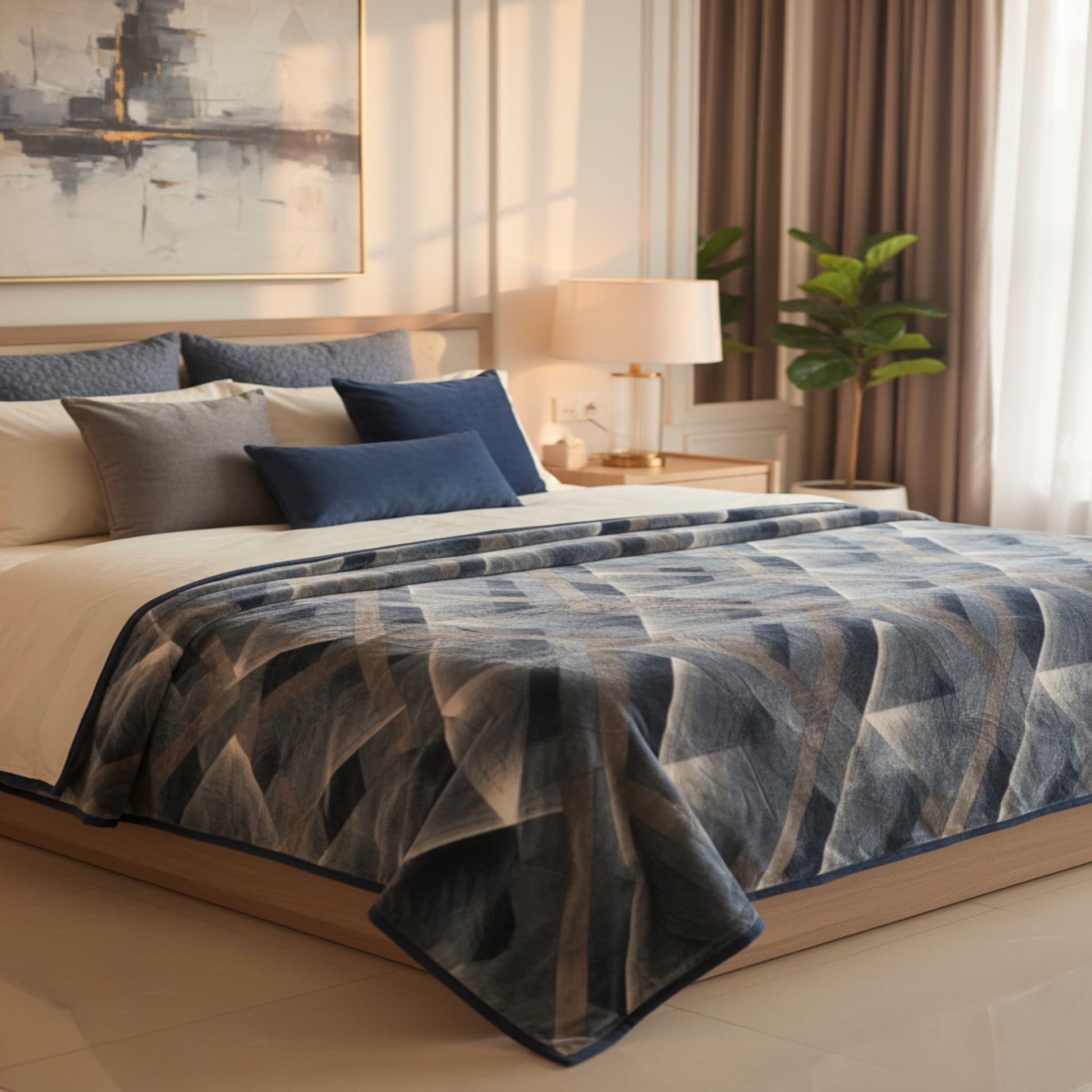 Blue Super Soft Top Class Double Bed Blanket with Geometric Stripe Design