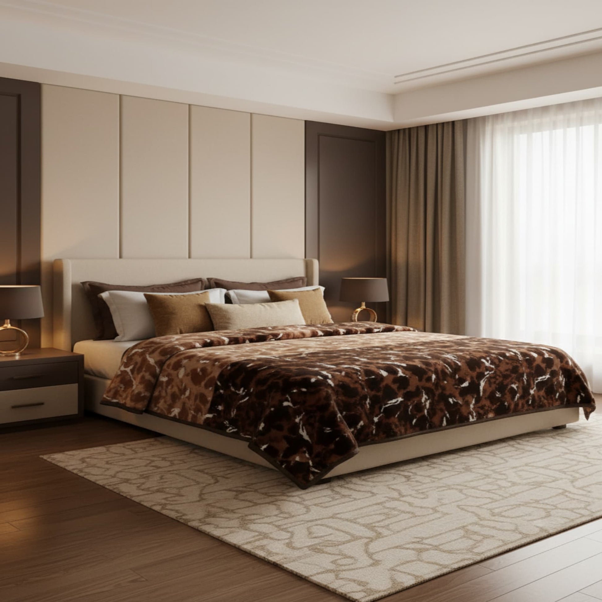 Coffee Soft Two Ply Mink Double Bed Blanket with geometric pattern