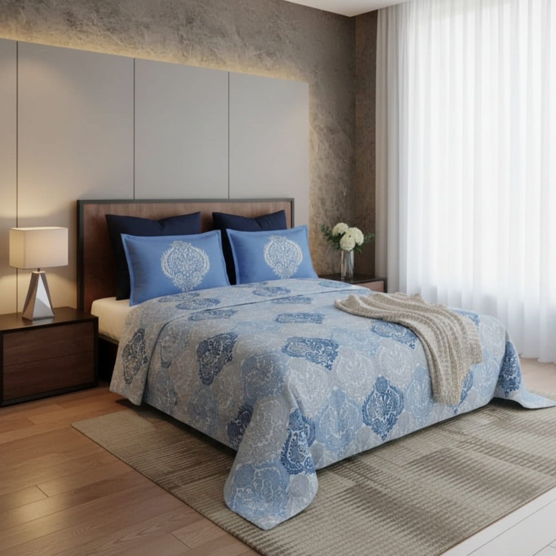 Blue Geometric Cotton Single Bedsheet With Pillow Covers