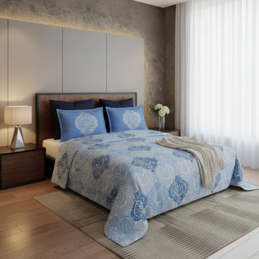 Blue Geometric Cotton Single Bedsheet With Pillow Covers