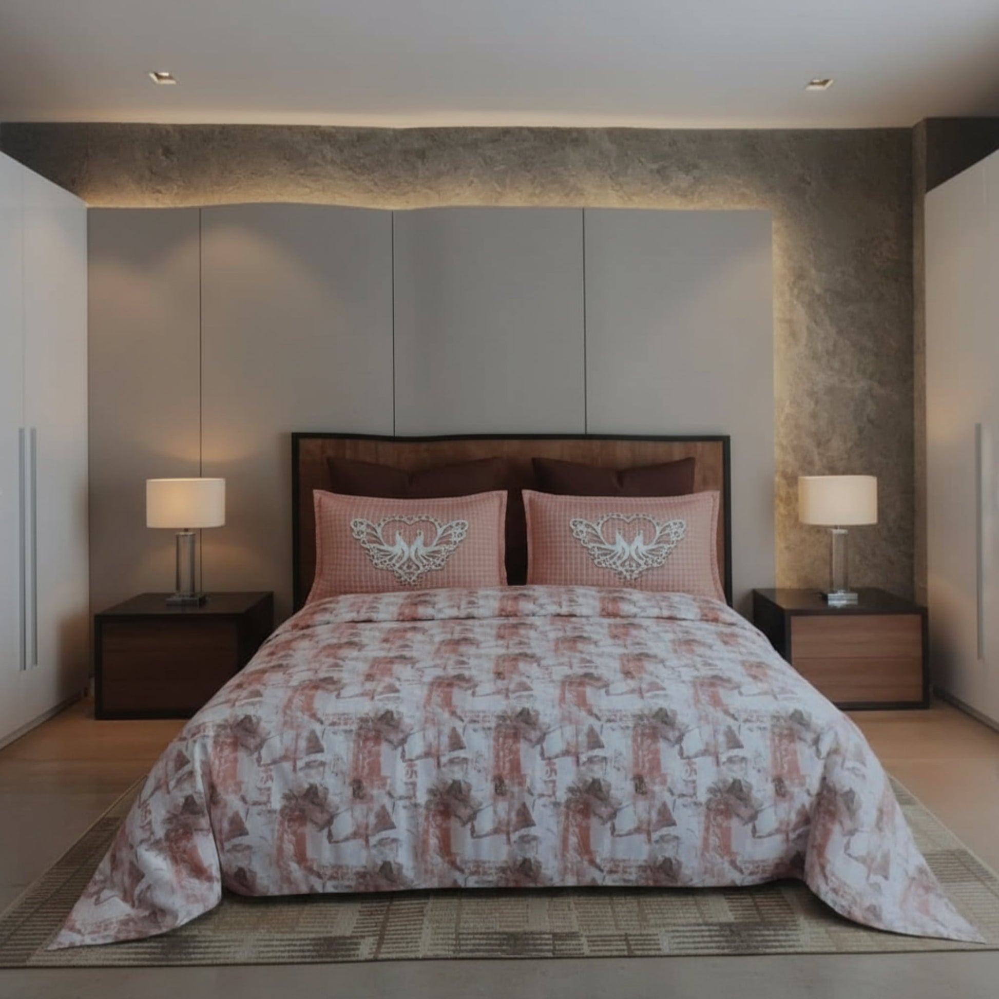 Beige Geometric Cotton Single Bedsheet With Pillow Covers