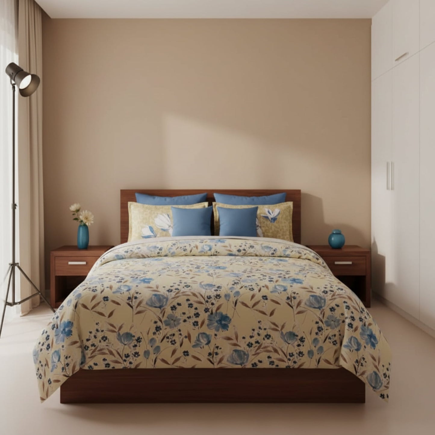 Yellow Floral Cotton Single Bedsheet With  Pillow Covers